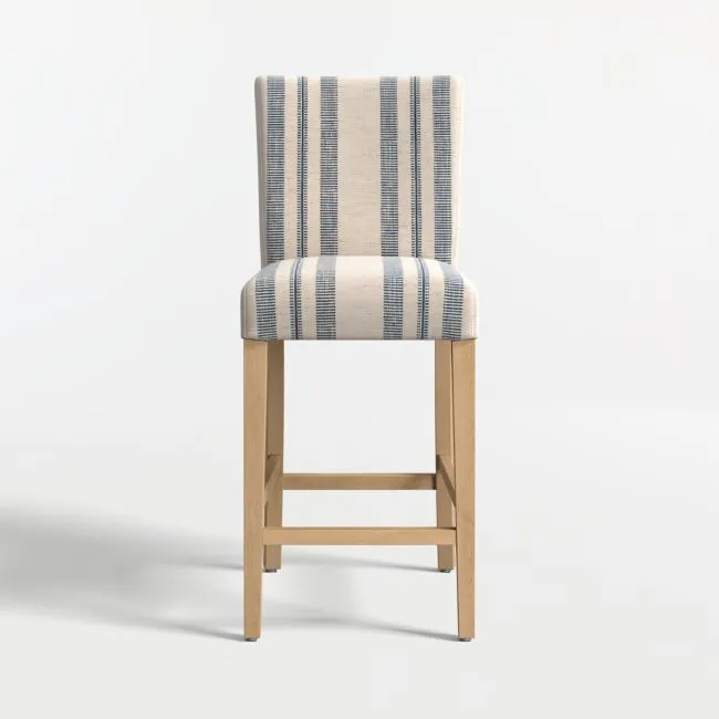 Lowe Indigo Stripe Upholstered Counter Stool with Natural Wood Legs