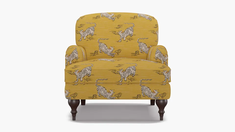 English Roll Arm Chair, Dijon Tigresse, Espresso Turned Wood Leg