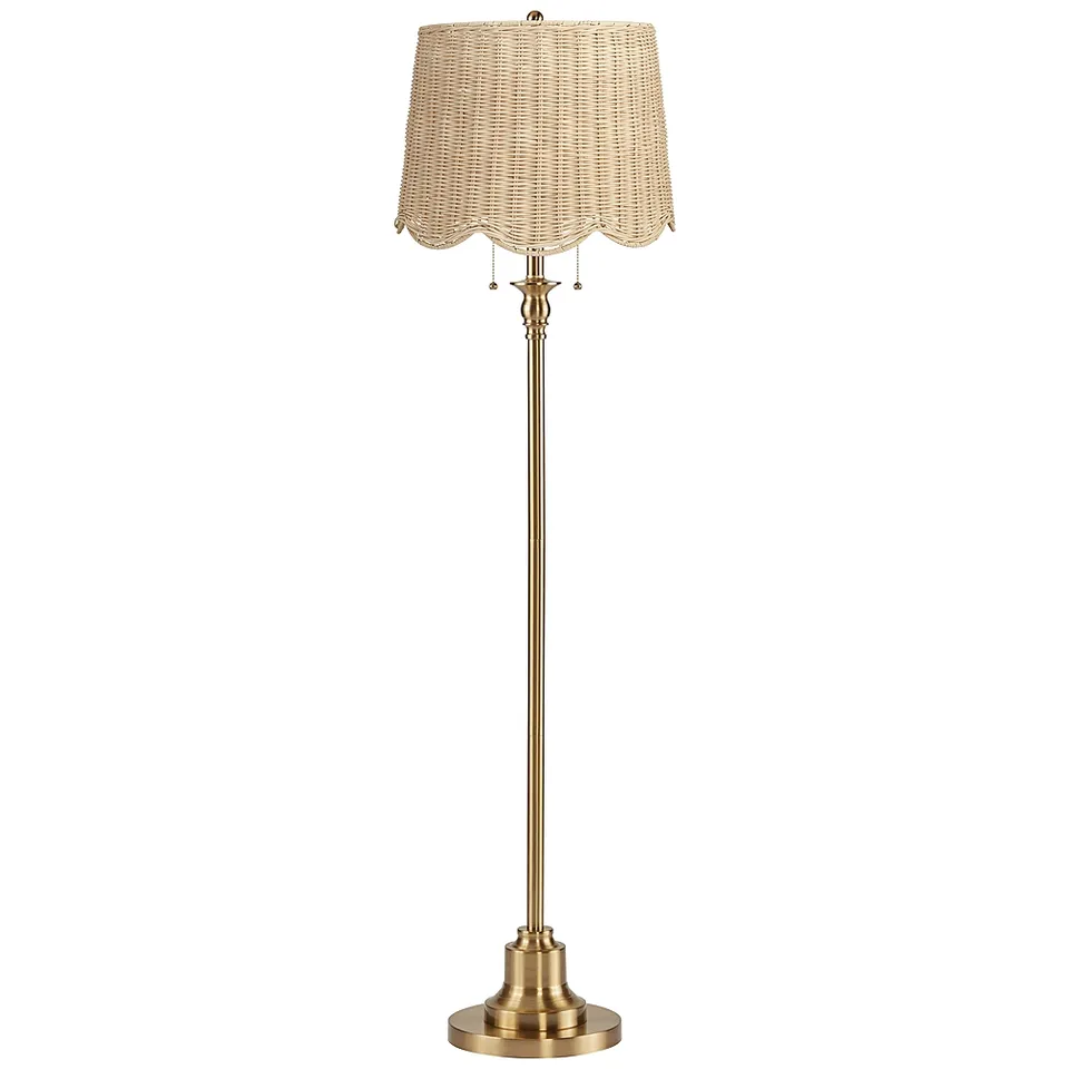 Dyna 58"H Antique Brass and Rattan Drum Shade 2-Light Floor Lamp