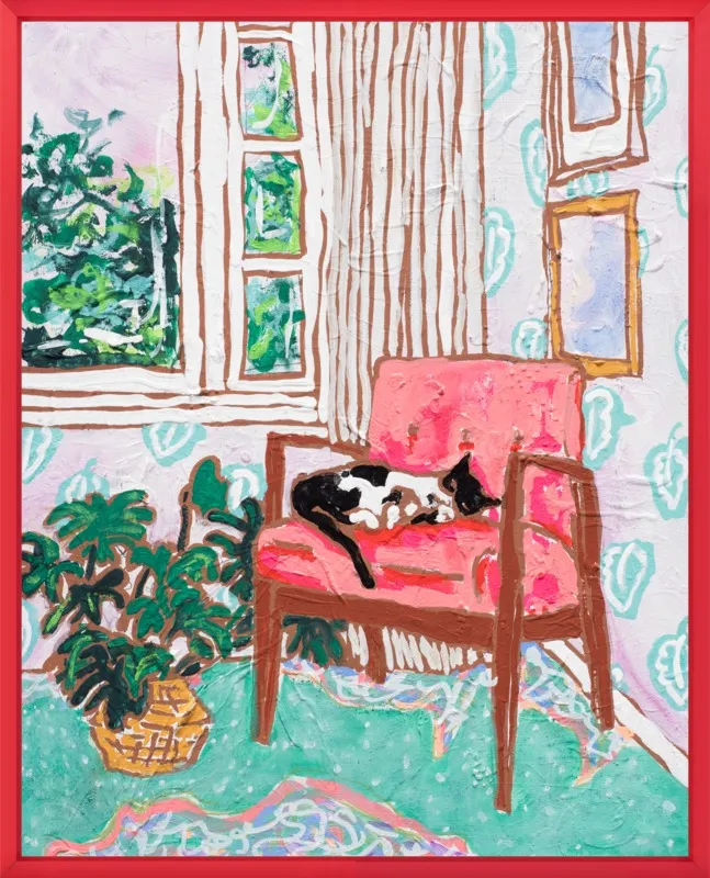 Cat Nap: Tuxedo Cat Napping in Mid-Century Chair by Lara Lee Meintjes for Artfully Walls