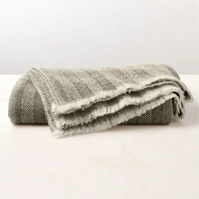 Ashwood Green Herringbone Wool Throw Blanket 50"x70" by Todd Snyder