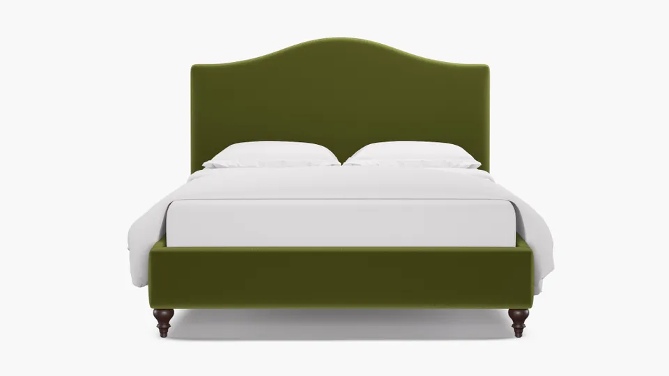 Camelback Bed, Sage Performance Velvet, Espresso Traditional Turned Leg, Full