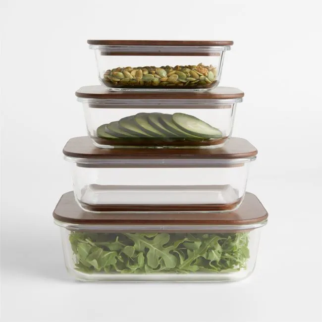 Crate & Barrel 8-Piece Rectangular Glass Food Storage Container Set with Dark Acacia Wood Lids