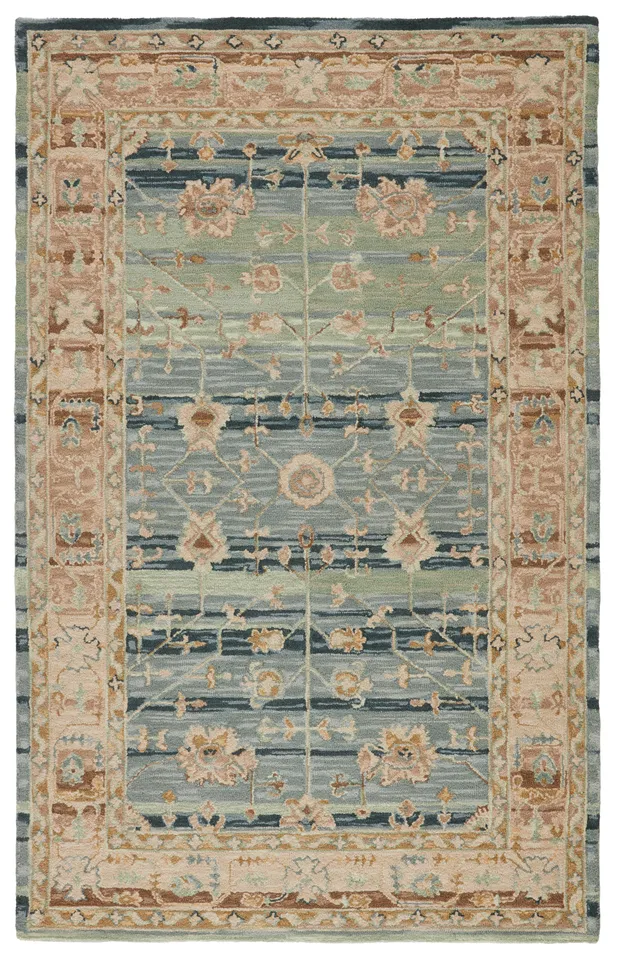 Label J Jensine COM08 Handmade Oriental Green and Tan Area Rug (6'x9')