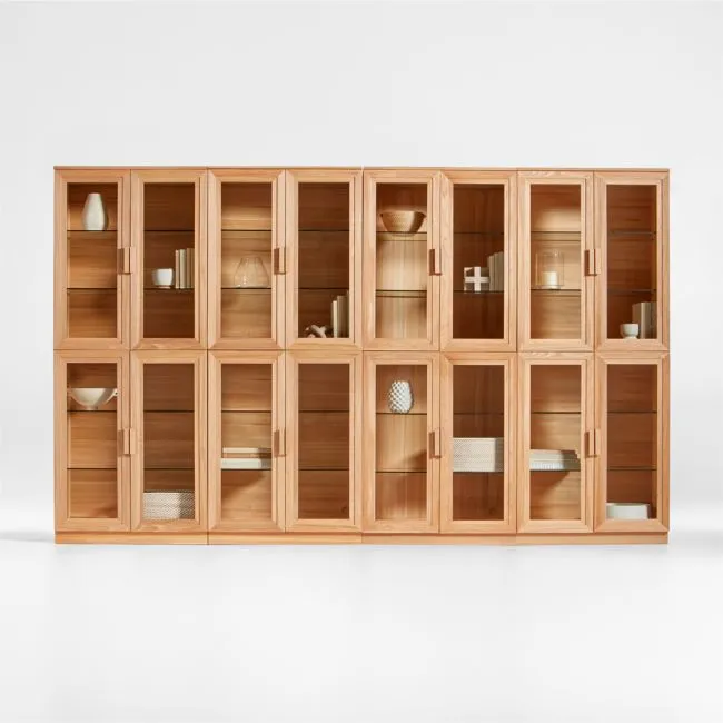 Calypso 144" Natural Wood Glass-Door Storage Cabinet Set