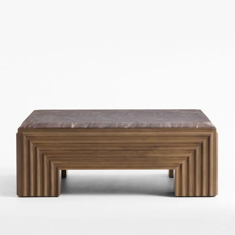 Whelford Brown Oak Wood and Marble 44" Square Coffee Table