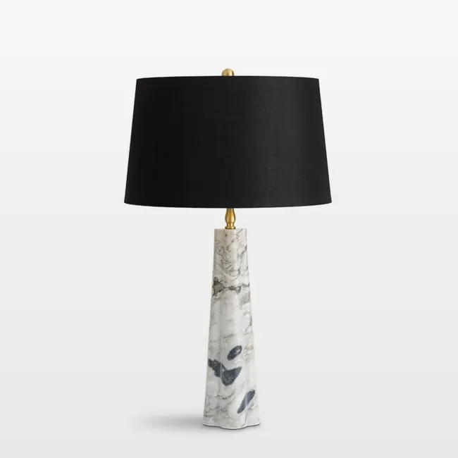 Roman White Marble Table Lamp with Black Fabric Shade, 27"