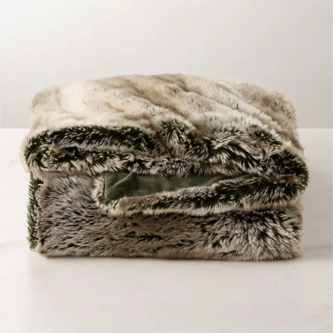 Dorian Taupe and Green Faux Fur Throw Blanket 48"x80"