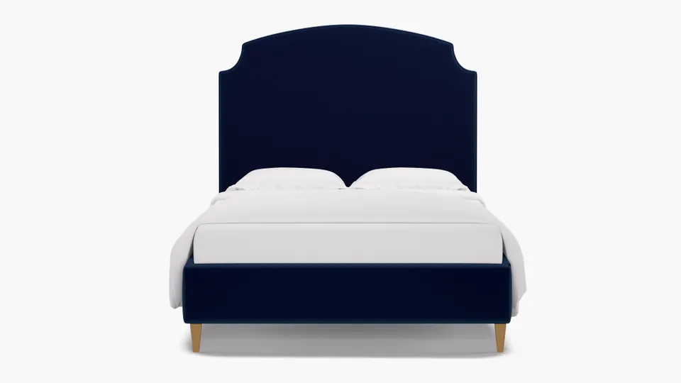 Cove Bed, Navy Performance Velvet, Natural Square Tapered Leg, Full