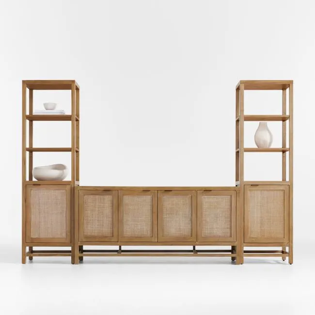 Blake 112" Light Brown Teak and Rattan Storage Media Console Set