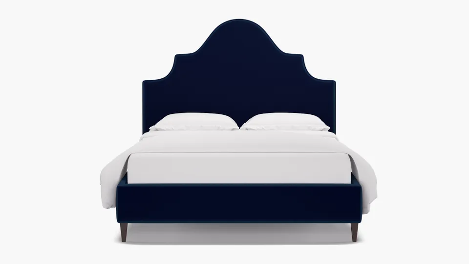 Statement Bed, Navy Performance Velvet, Espresso Square Tapered Leg, Queen