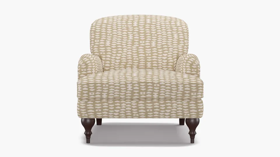 English Roll Arm Chair, Sand Odalisque, Espresso Turned Wood Leg