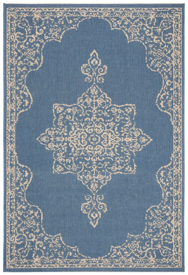 Arlo Home Indoor/Outdoor Woven Area Rug, LND180N, Cream/Blue,  4' X 6'