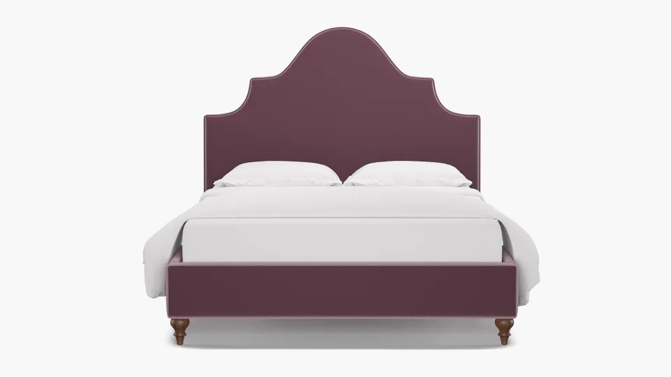 Statement Bed, Lavender Performance Plush Velvet, Walnut Traditional Turned Leg, Full