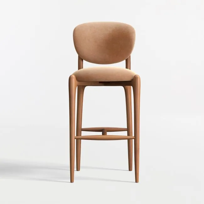 Via Toffee Brown Velvet Walnut Wood Bar Stool