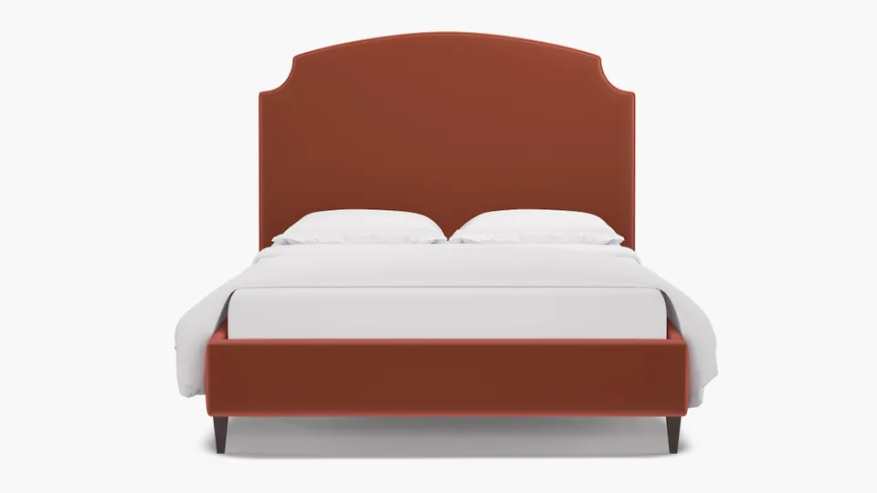 Cove Bed, Terracotta Performance Velvet, Espresso Square Tapered Leg, Queen