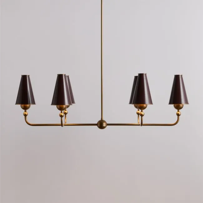 Everton Brass Linear Chandelier Light with Aubergine Metal Shades