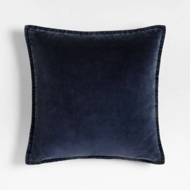 Relaxed Washed Organic Cotton Velvet 20"x20" Deep Indigo Throw Pillow with Feather Insert