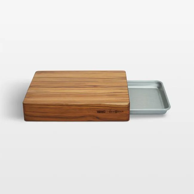Prep to Pan Teak Edge-Grain Cutting Board with Quarter Sheet Pan