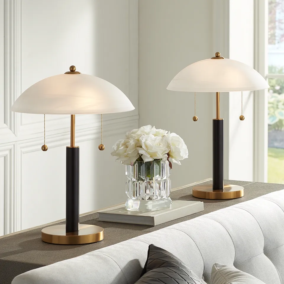 Possini Euro Orbital 19 1/2" Wood and Gold Dome Glass Lamps Set of 2