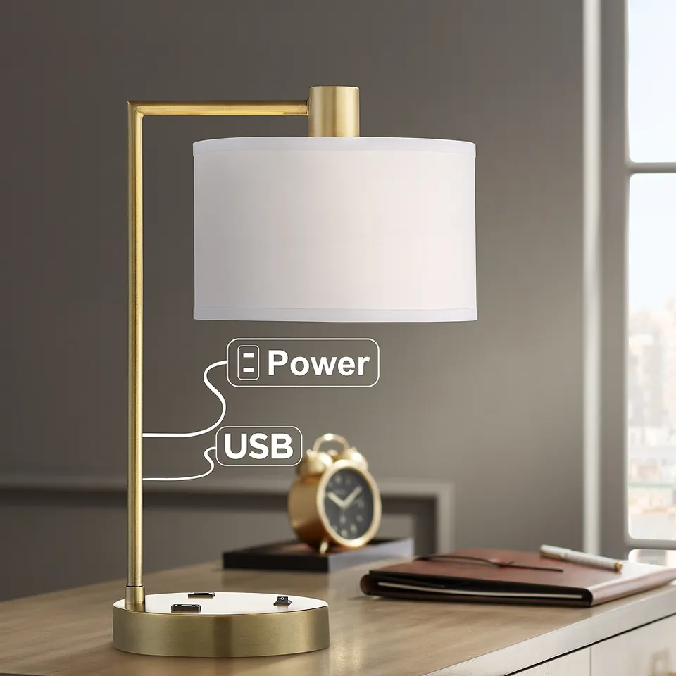 Possini Euro Colby 21" Antique Gold Desk Lamp with Outlet and USB Port