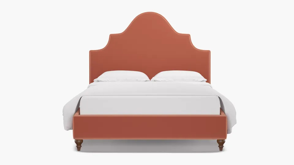 Statement Bed, Coral Performance Velvet, Walnut Traditional Turned Leg, Full