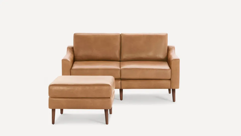 Nomad Leather Loveseat with Ottoman - Camel - Top Grain Leather / Walnut - Wood / Slope