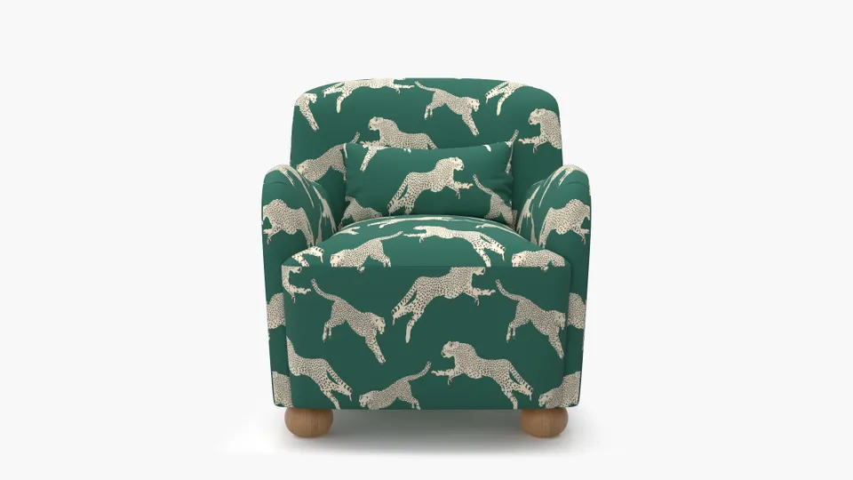 Club Chair, Polo Green Cheetah, Natural Bun Foot