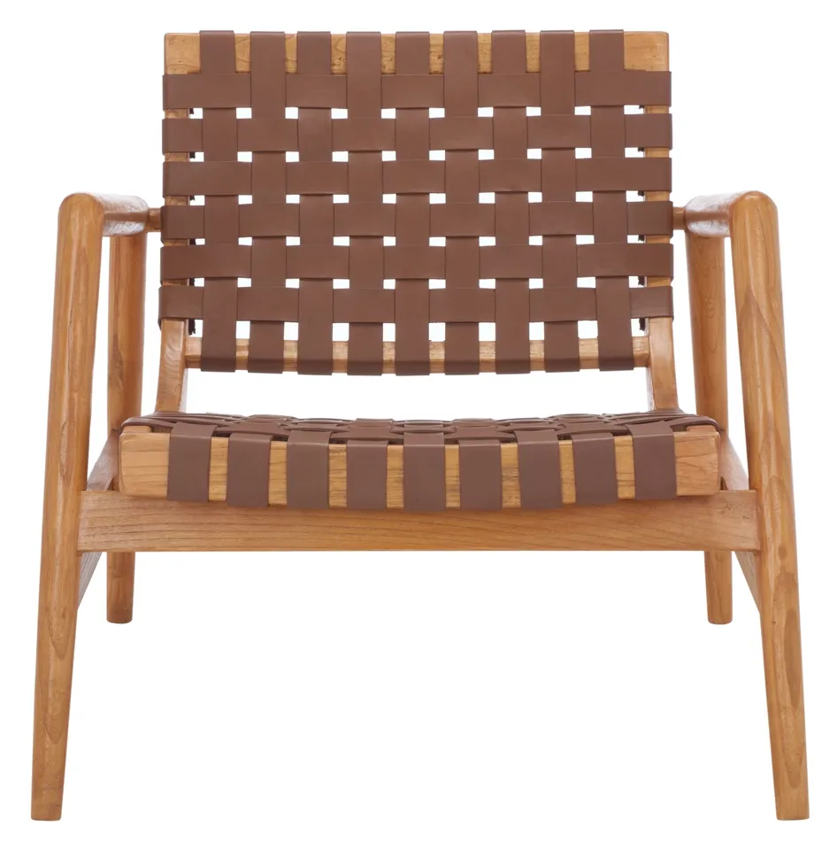 Bellona Leathr Woven Accent Chair - Cognac / Natural - Safavieh