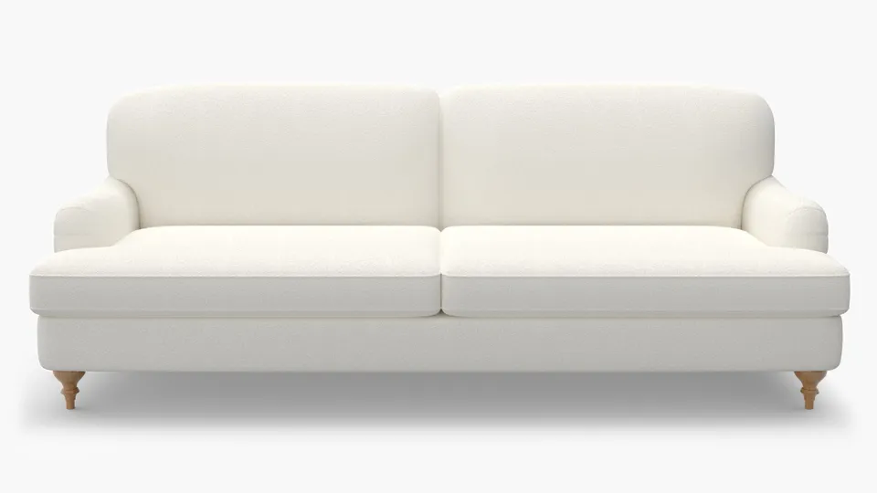English Roll Arm Sofa, Snow Boucle, Natural Turned Wood Leg