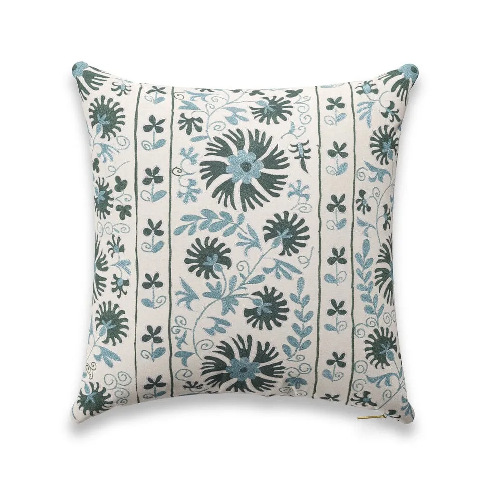 Sage Ribbon Suzani Pillow by St. Frank | Blue | 26" W x 26" H | Linen