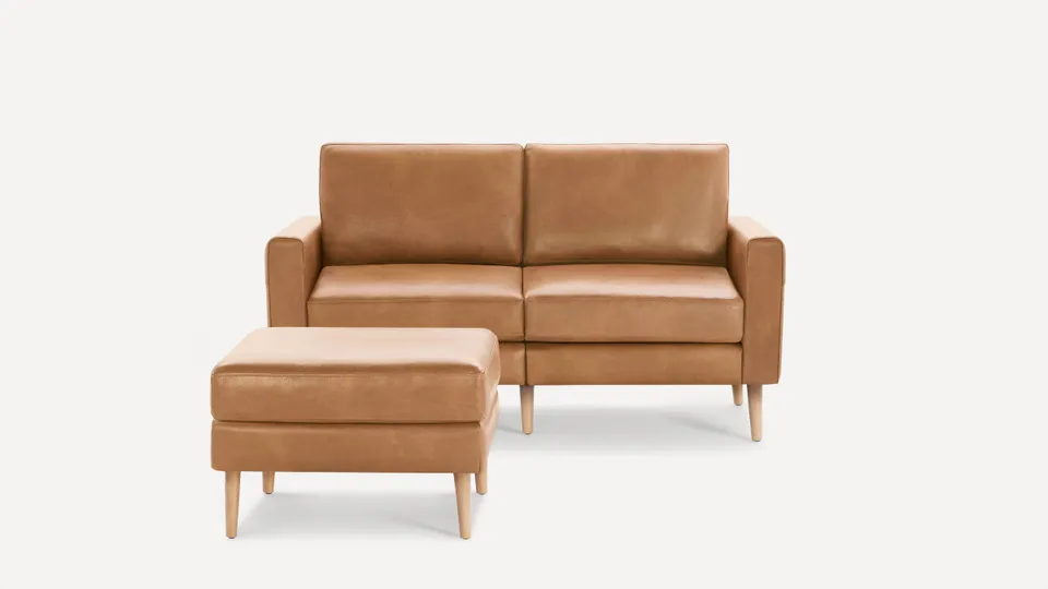 Nomad Leather Loveseat with Ottoman - Camel - Top Grain Leather / Oak - Wood / Block