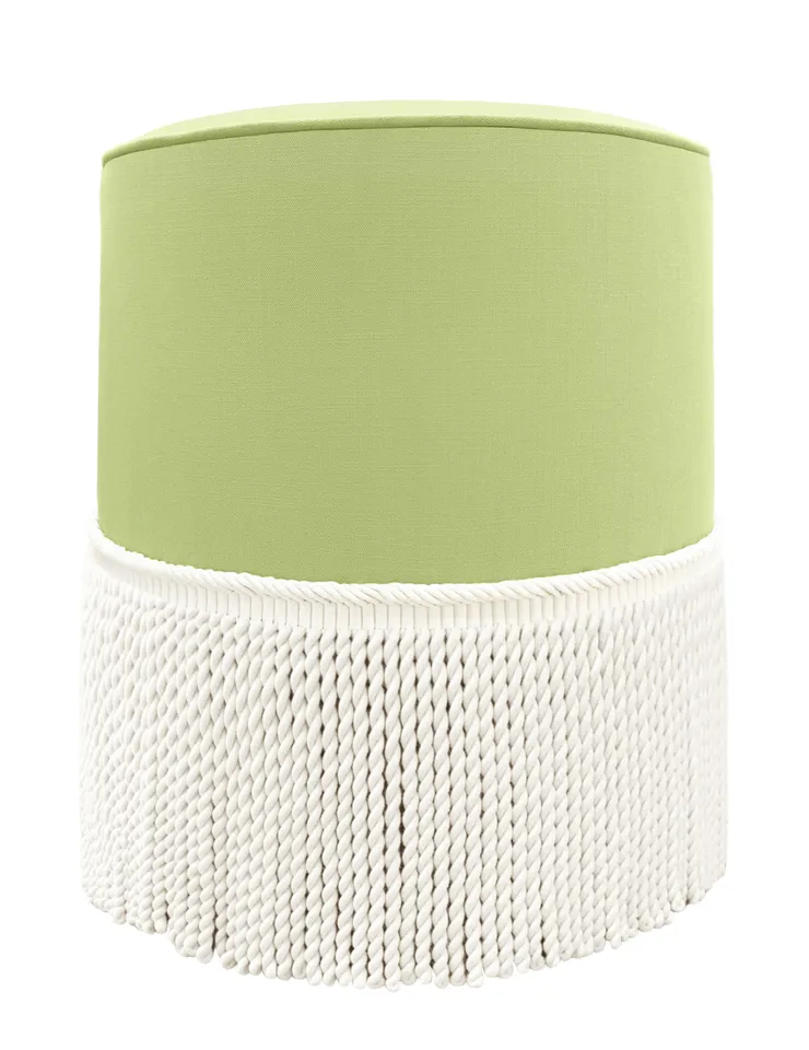 THE TIGHT ROUND OTTOMAN :: CLASSIC LINEN // CELADON - 17" Diameter X 19" Height With Bullion / Celadon