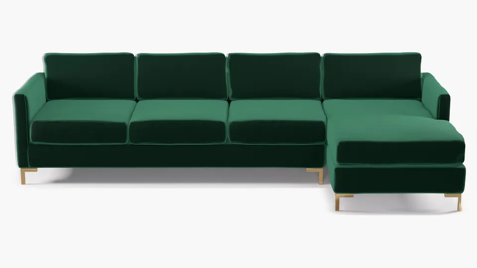 Modern Sectional, Right Facing, Spruce Performance Plush Velvet, Brass L Leg