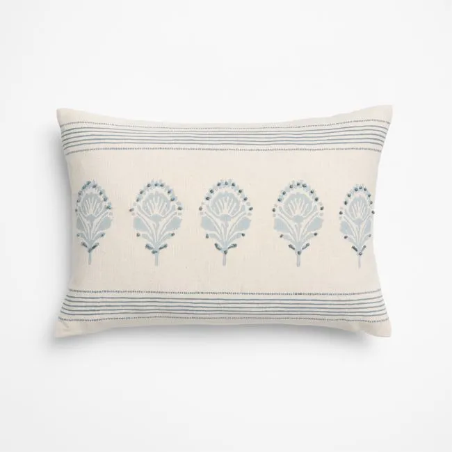 Morgan Organic Cotton 22"x15" Mist Blue Reversible Hand Printed Throw Pillow with Feather Insert