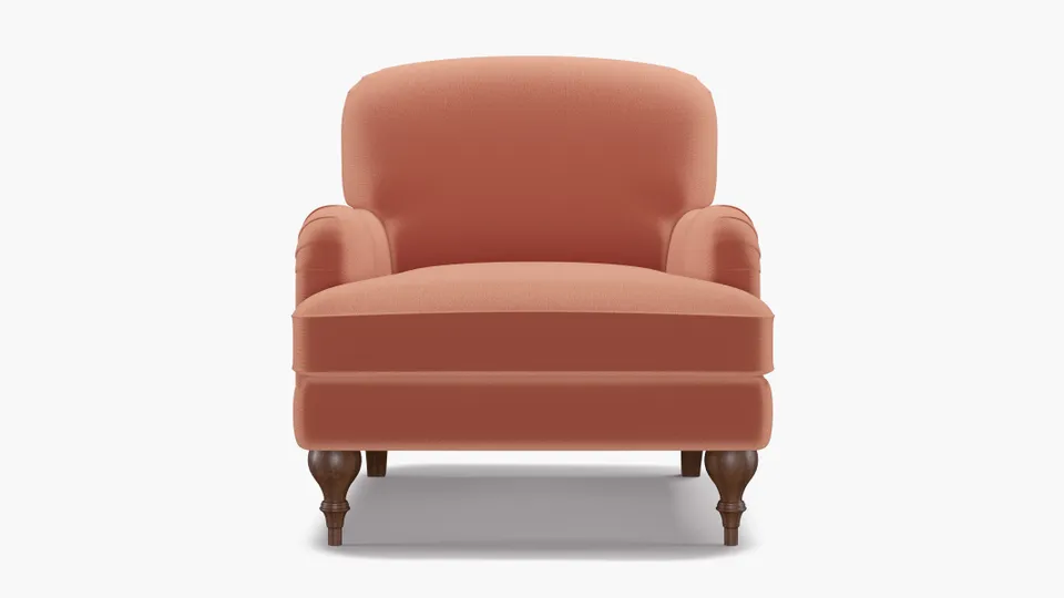 English Roll Arm Chair, Coral Performance Velvet, Walnut Turned Wood Leg