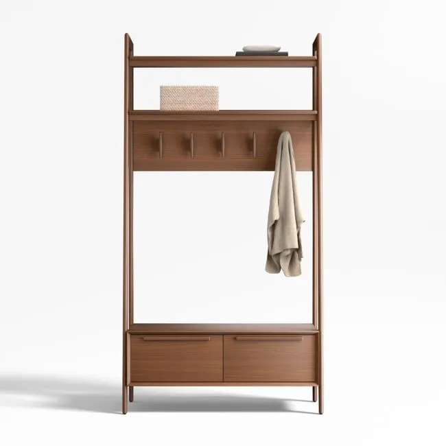 Tate 44" Walnut Wood Hall Tree with Bench and Shoe Storage