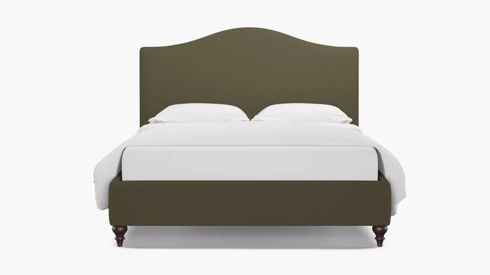 Camelback Bed, Olive Everyday Linen, Espresso Traditional Turned Leg, Queen