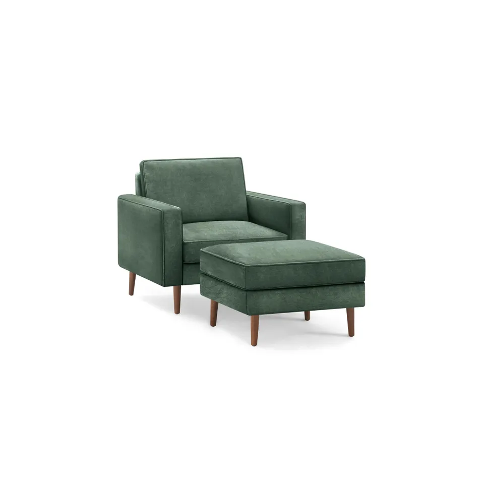 Nomad Velvet Armchair with Ottoman - Jade - Performance Velvet / Walnut - Wood