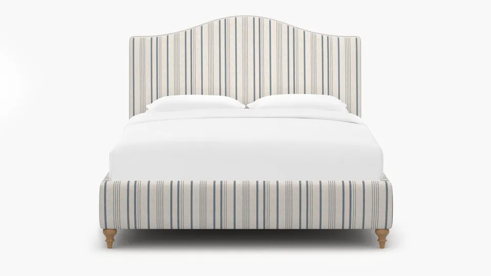 Camelback Bed, Blue Market Stripe, Natural Traditional Turned Leg, Queen