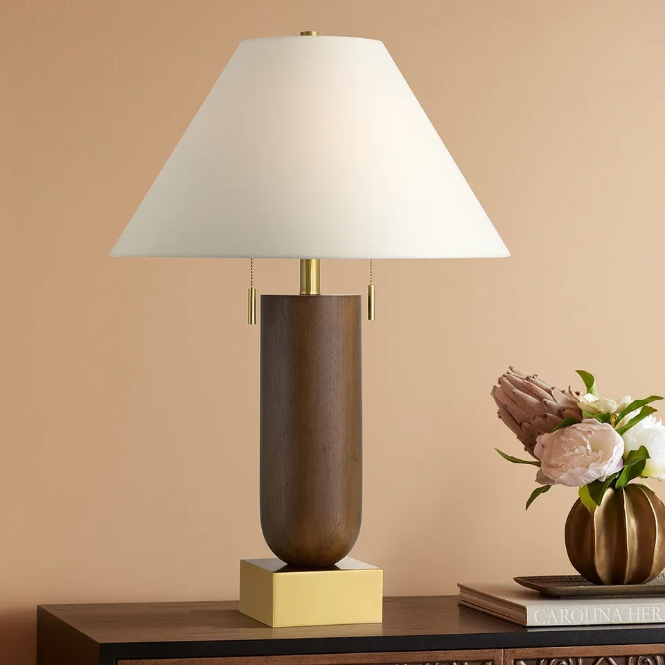 Possini Euro Madera 27 3/4" Brass and Wood Outlet and USB Table Lamp