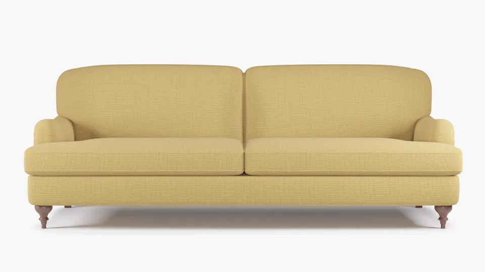 English Roll Arm Sofa, French Yellow Everyday Linen, Walnut Turned Wood Leg
