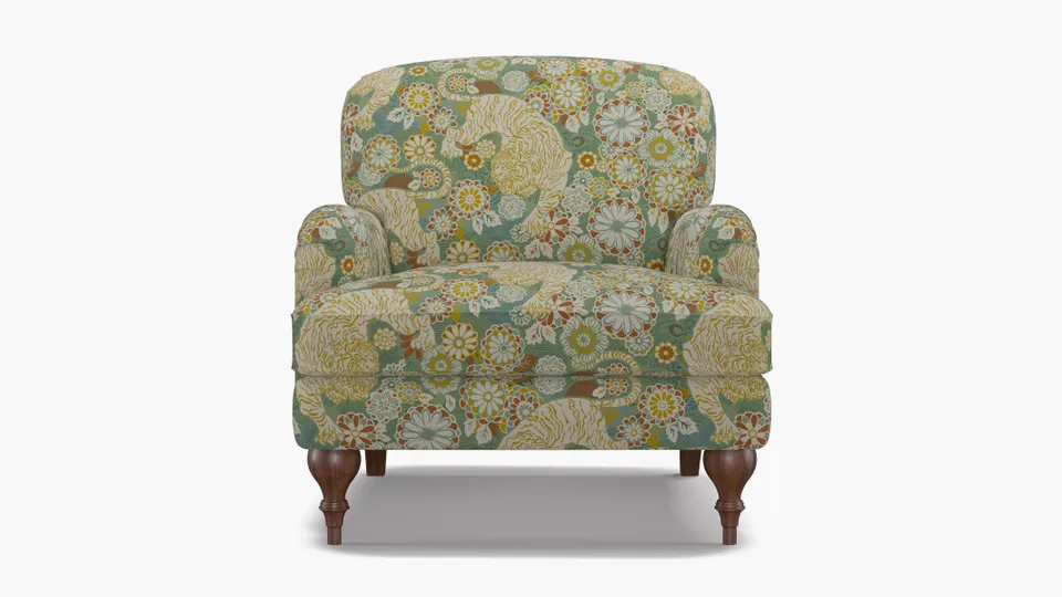 English Roll Arm Chair, Pistachio Siberian Tiger, Walnut Turned Wood Leg