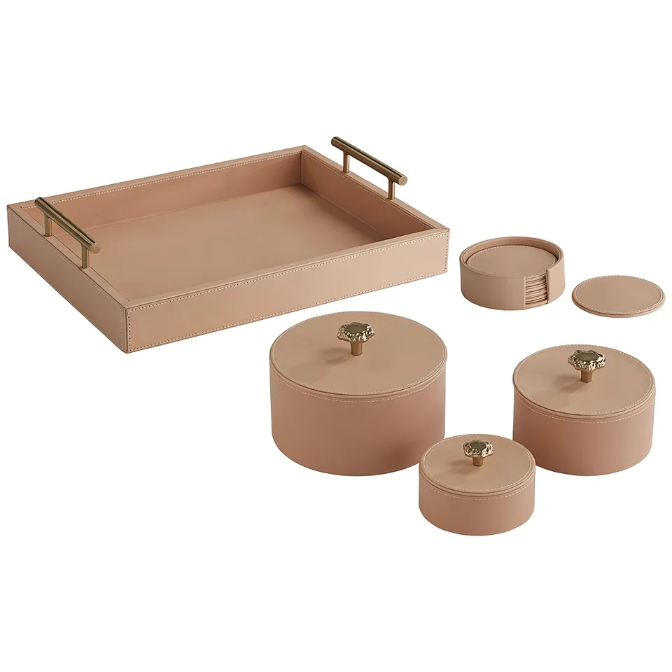 Possini Euro Blush Beige Vegan Leather Home Accessory Living Room Set
