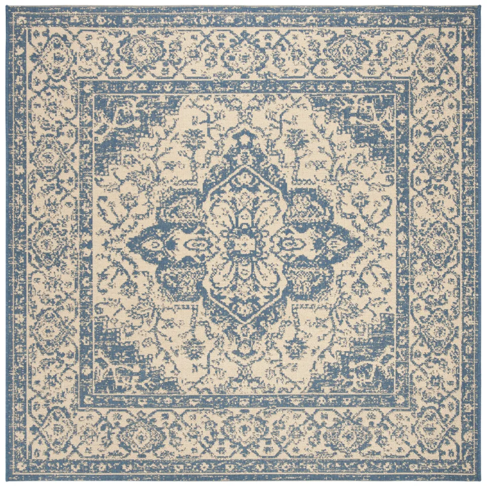 Arlo Home Indoor/Outdoor Woven Area Rug, LND137N, Cream/Blue,  6' 7" X 6' 7" Square