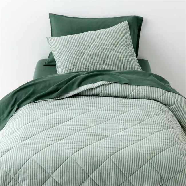 Supersoft Pine Green Quilted Striped Gauze Kids Full/Queen Quilt