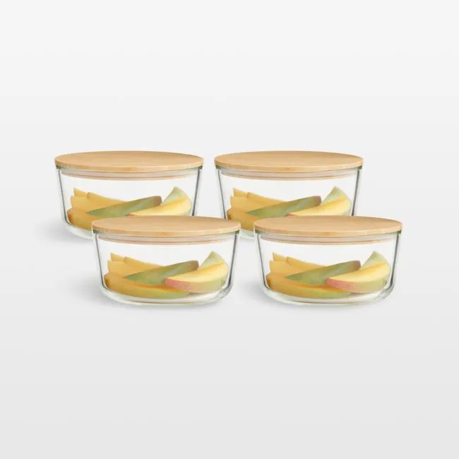 Crate & Barrel Round Glass Storage Container with Bamboo Lid, 2-cup, Set of 4