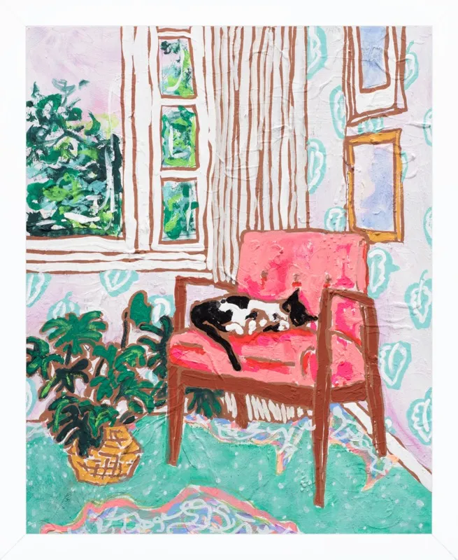 Cat Nap: Tuxedo Cat Napping in Mid-Century Chair by Lara Lee Meintjes for Artfully Walls