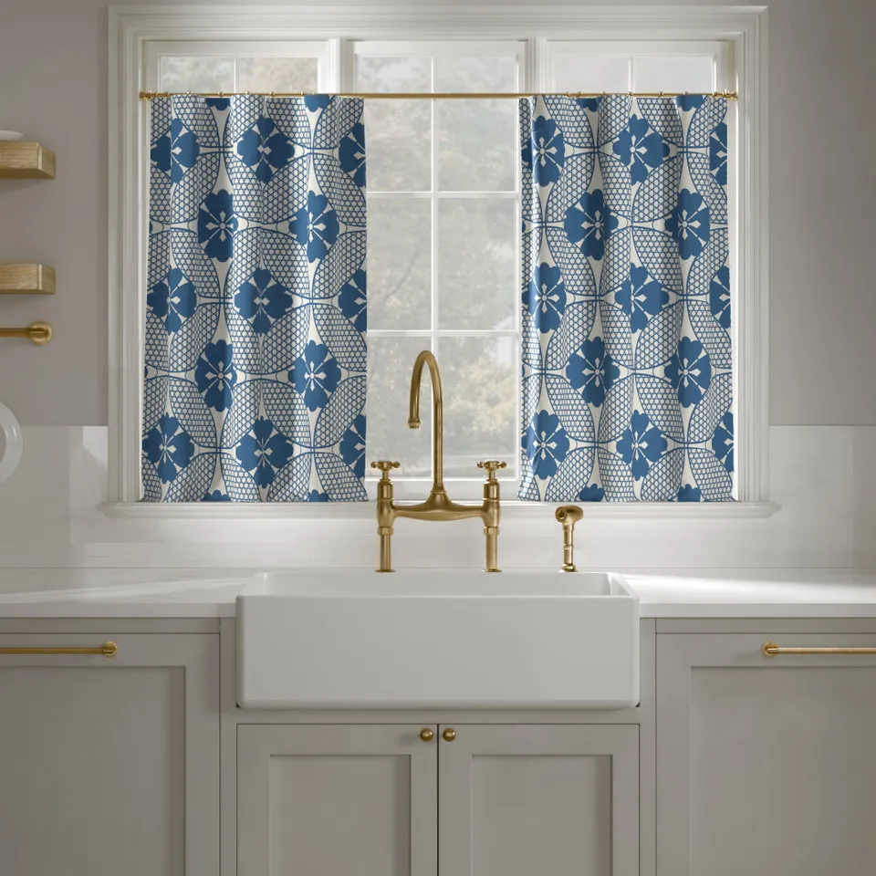 Printed Linen Café Curtain, Bright Navy Solaire, 25" x 30", Privacy