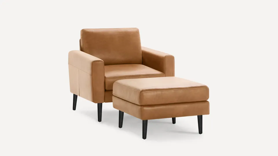 Nomad Leather Club Chair with Ottoman - Camel - Top Grain Leather / Ebony - Wood / Block